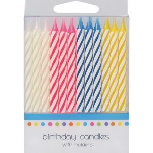 Pack of 24 Candy Stripe Birthday Candles with holders in assorted colours